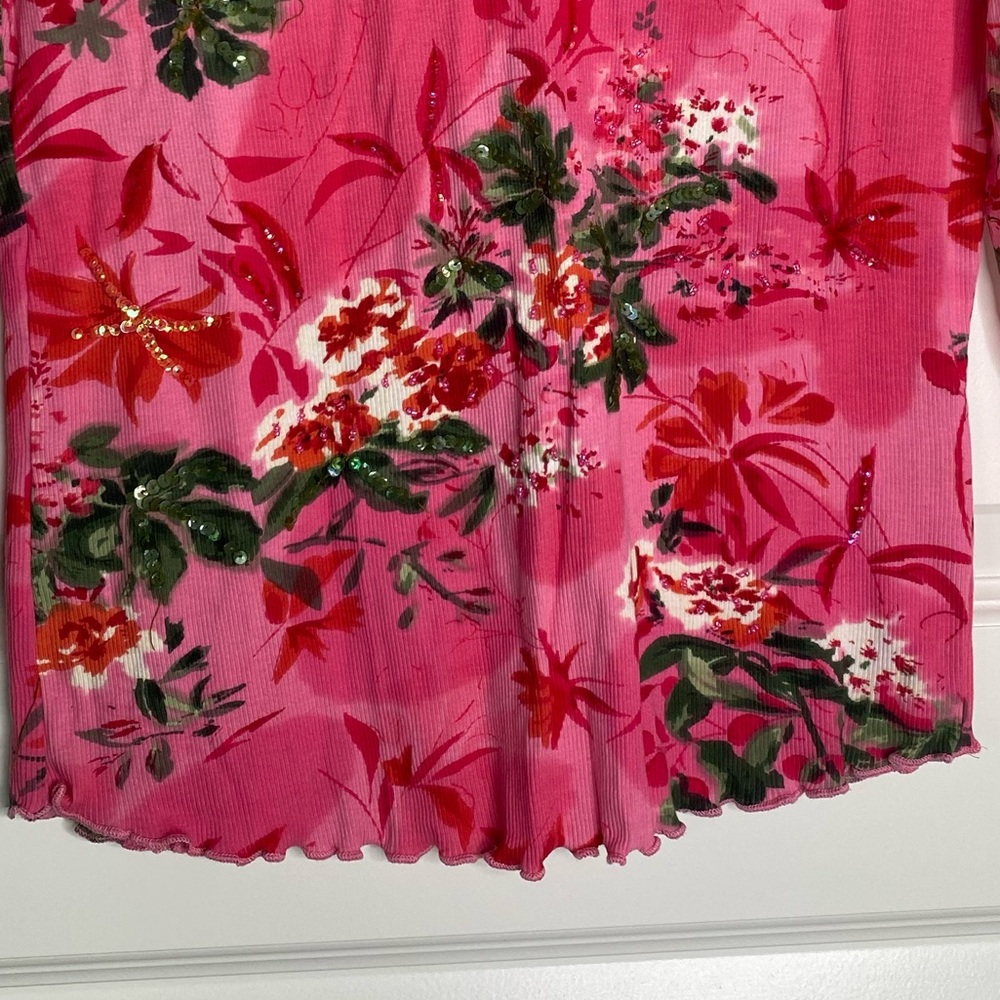 Y2k Caribbean Joe Pink Floral Top with sequins and mesh sleeves - Picture 3 of 5